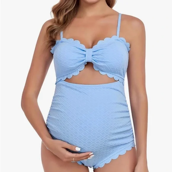 Light Blue Scalloped Maternity Swimsuit - Picture 2 of 6